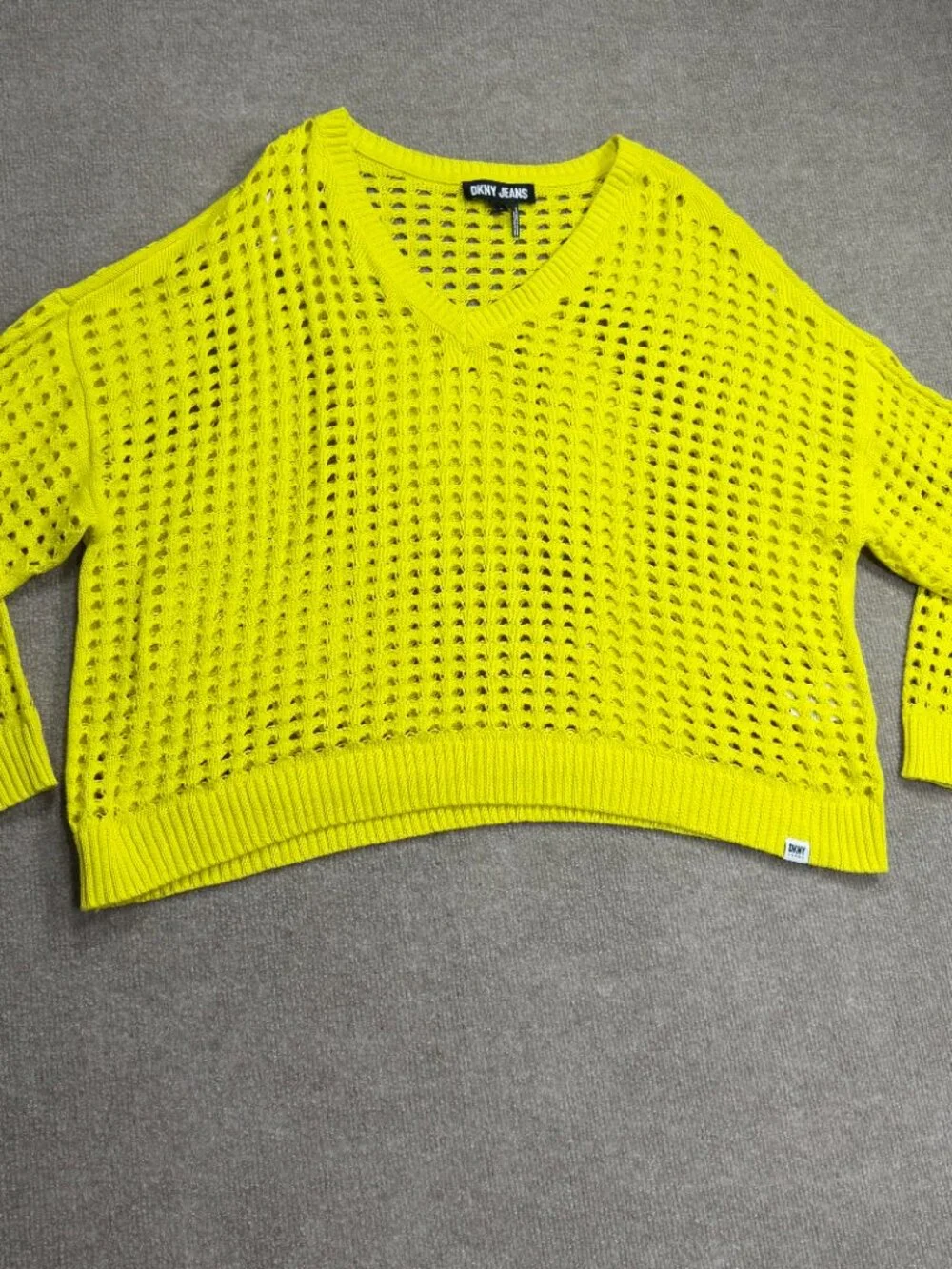 DKNY Jeans Neon Yellow V-Neck Open-Knit Crochet Sweater L - Picture 2 of 8